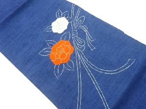 手織り紬切り嵌め刺し子花に組紐模様名古屋帯